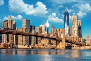 Skyline of downtown New York, Brooklin Bridge and Manhattan at the early morning sun light