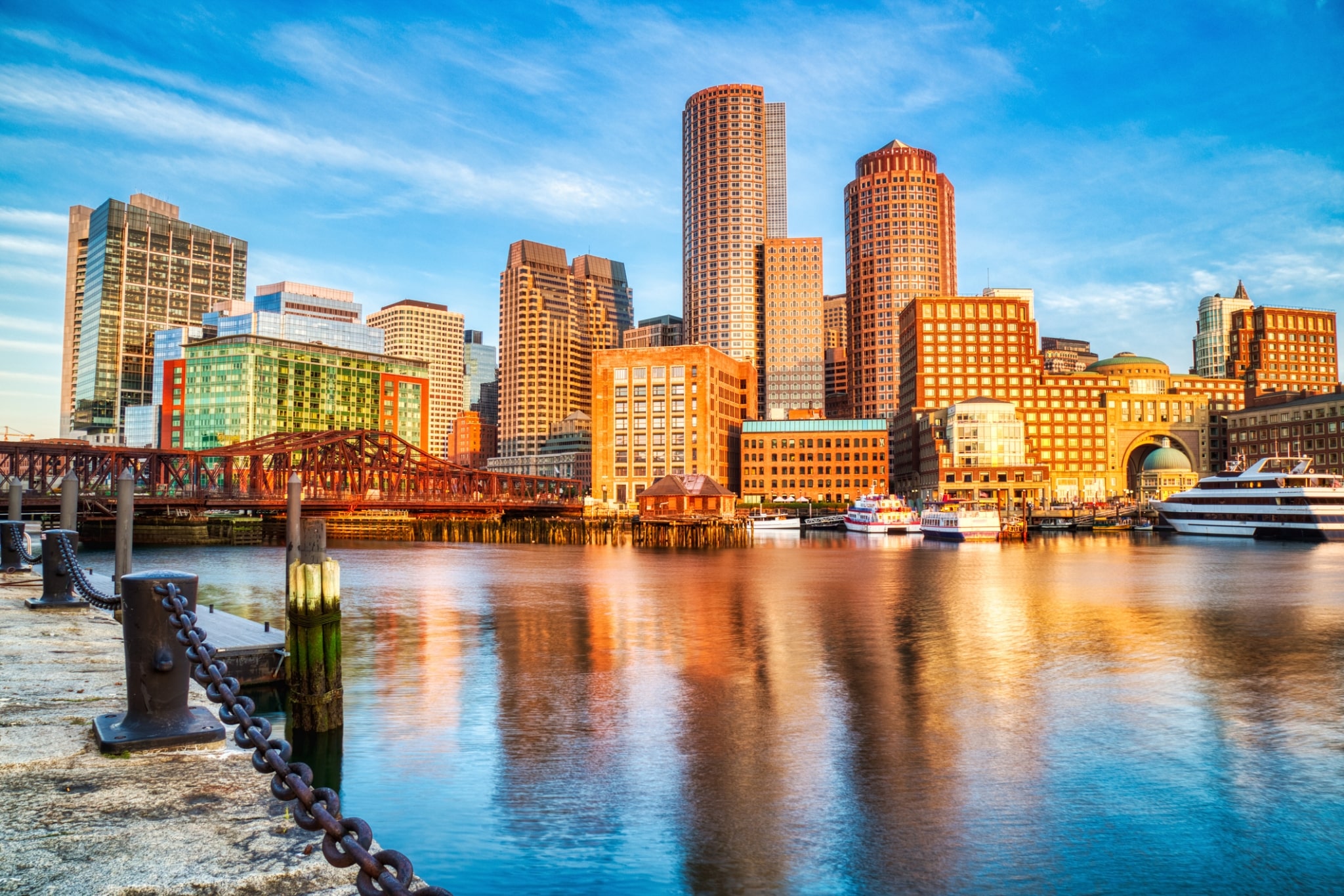 Boston Skyline with Financial District and Boston Harbor at Sunrise