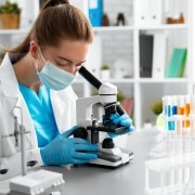 Young woman looking through a microscope