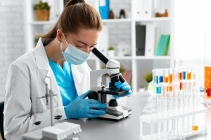 Young woman looking through a microscope