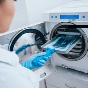 Close up of sterilizing medical instruments