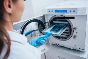 Close up of sterilizing medical instruments