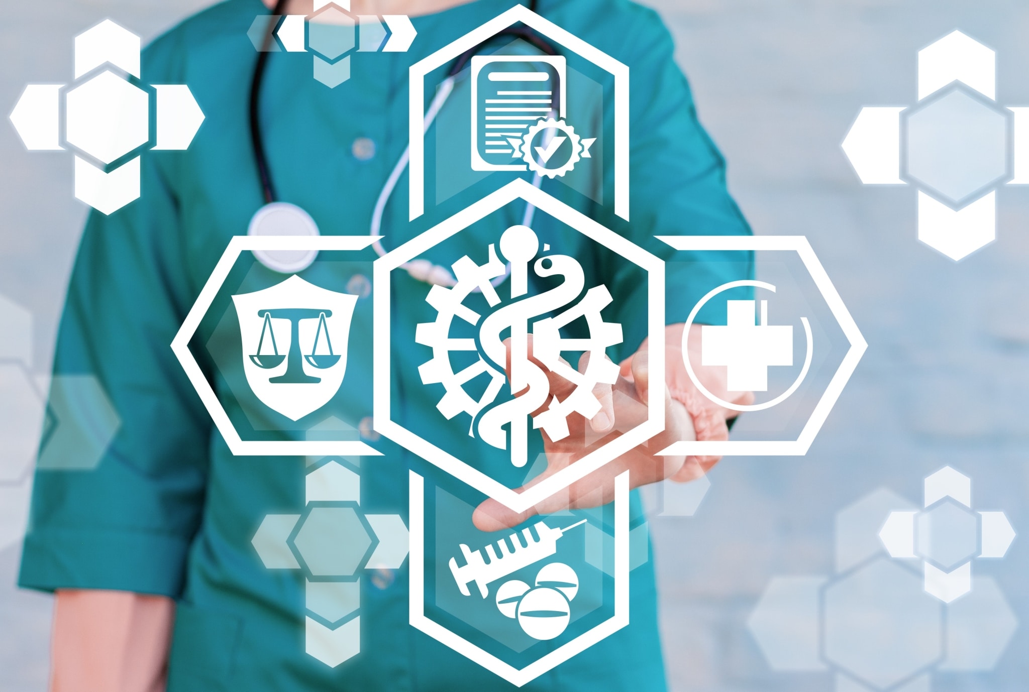 Close up of a medical professional and virtual health symbols
