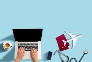 Aerial view of a Travel Nurse using a laptop