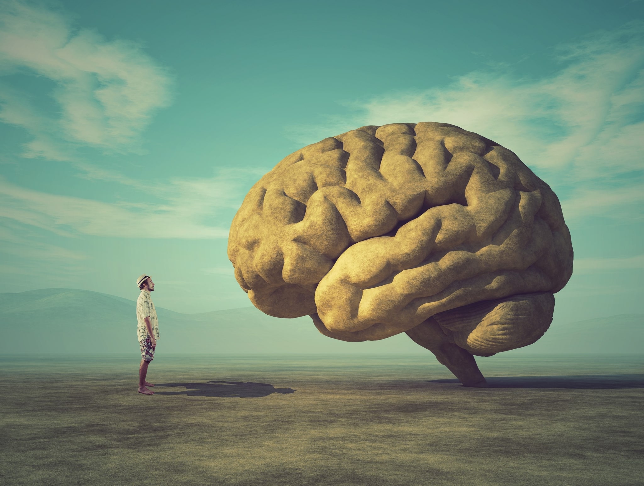 Concept of a large brain in front of a man