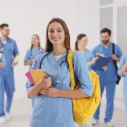Group of medical students with backpacks