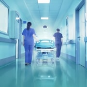 Nurses transporting a patient in a hospital hallway